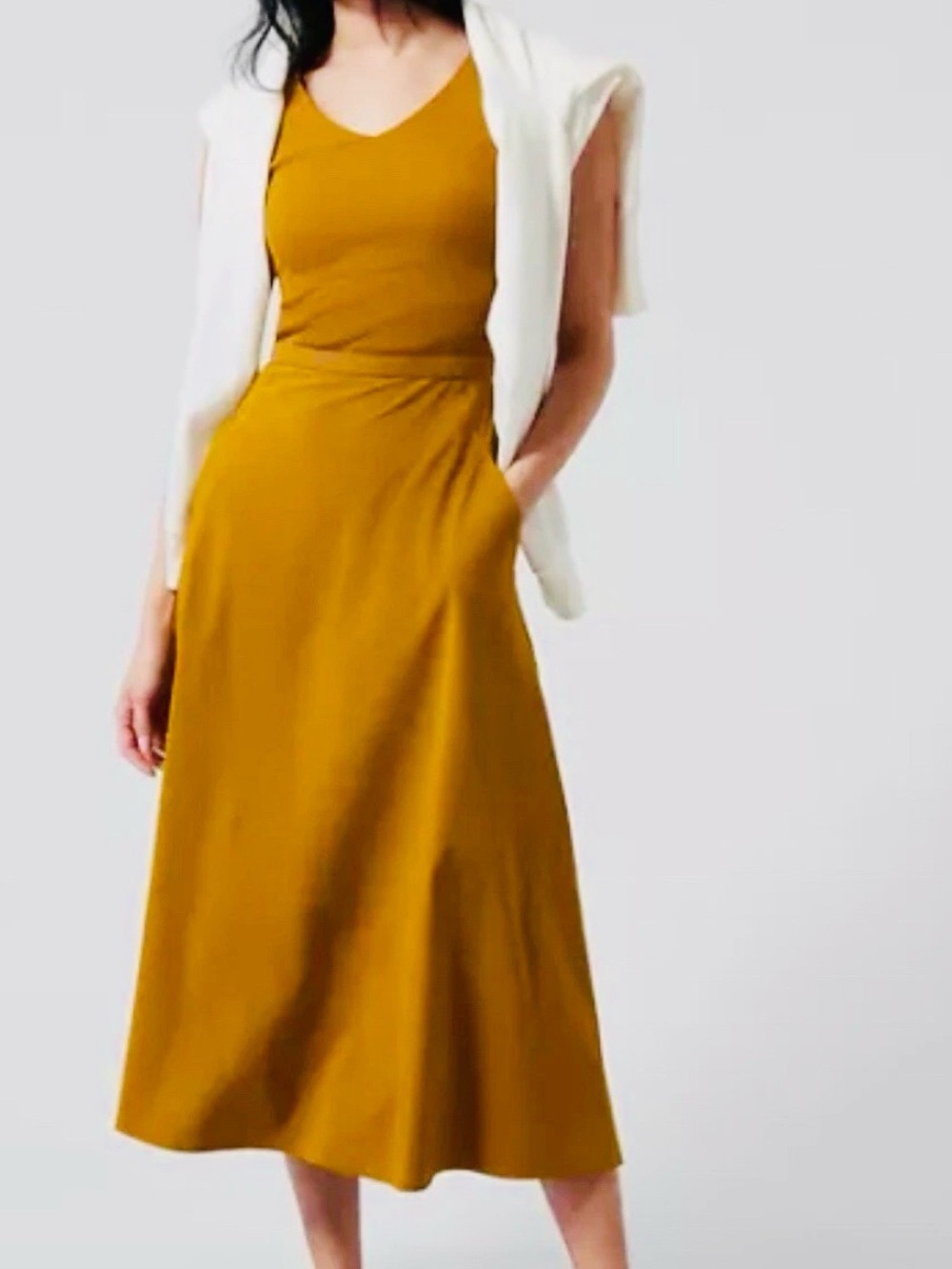Athleta Ryder Dress Brass Yellow Gold Midi Tech Stretch Pockets Women’s Size L